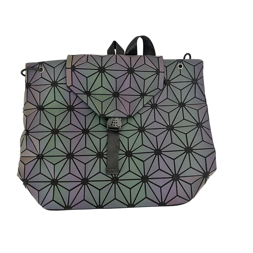 Reflective Geometric Backpack Black Iridescent Purple Drawstring Flap‎